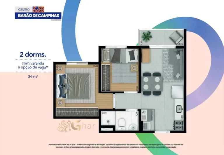 Planta de apartamento 2 dormitórios em condomínio residencial no bairro Campos Elíseos Zona Centro de São Paulo