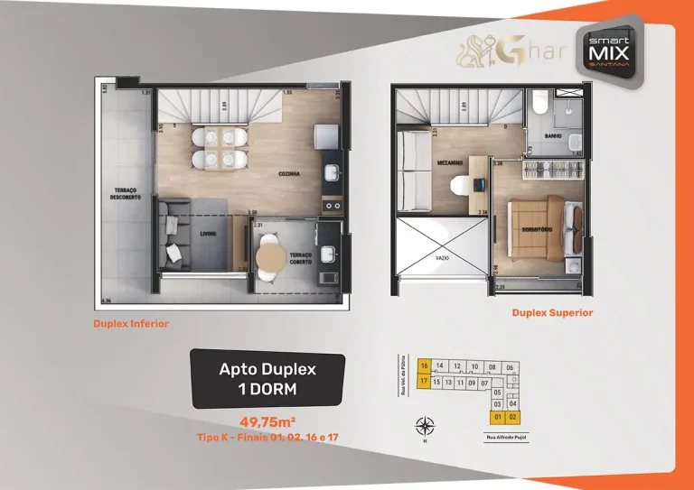 Planta de apartamento duplex Smart Mix Santana 1 dormitório em Santana São Paulo