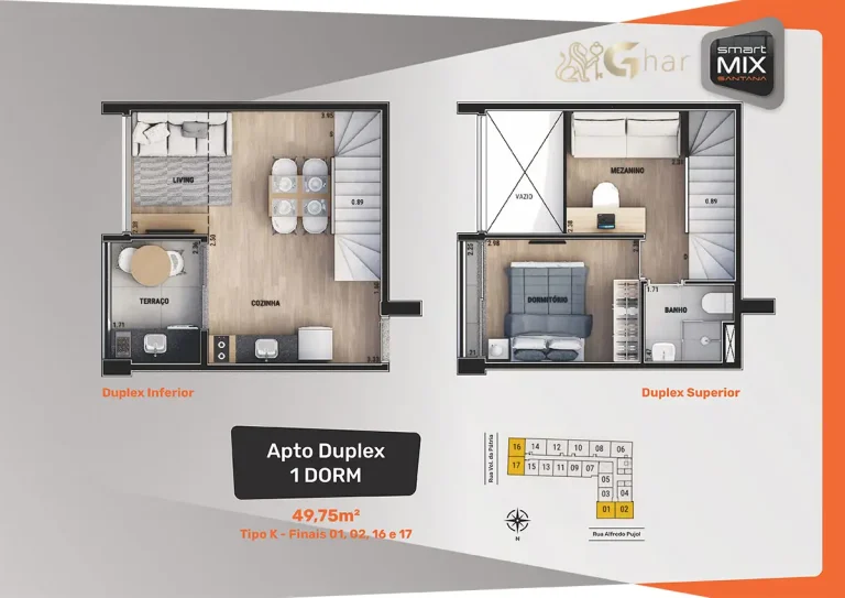 Planta de apartamento duplex em condomínio residencial no bairro Santana Zona Norte de São Paulo