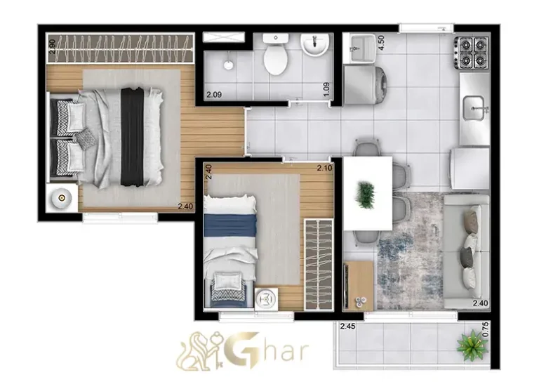 Planta de apartamento 2 dormitórios em apartamentos no Guaianases São Paulo