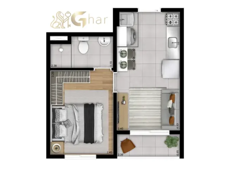 Planta do apartamento 1 dormitório do Plano&Mais Belém no bairro Belém em São Paulo