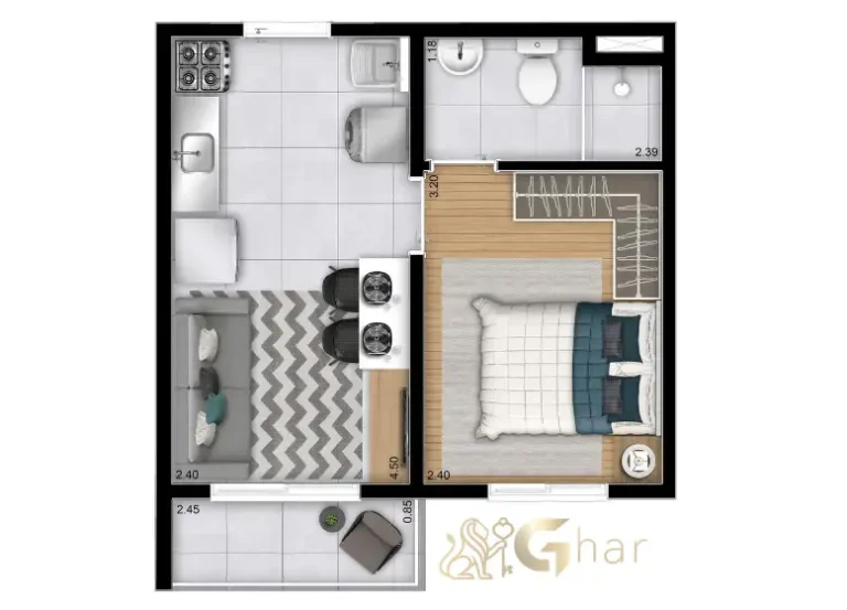 Planta de apartamento compacto em condomínio no Belém São Paulo com 1 dormitório