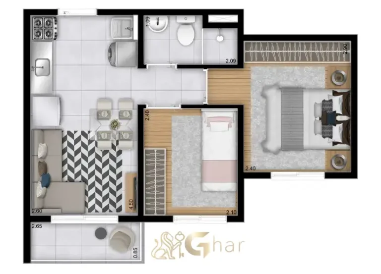 Planta do apartamento 2 dormitórios do Plano&Mais Belém no bairro Belém em São Paulo