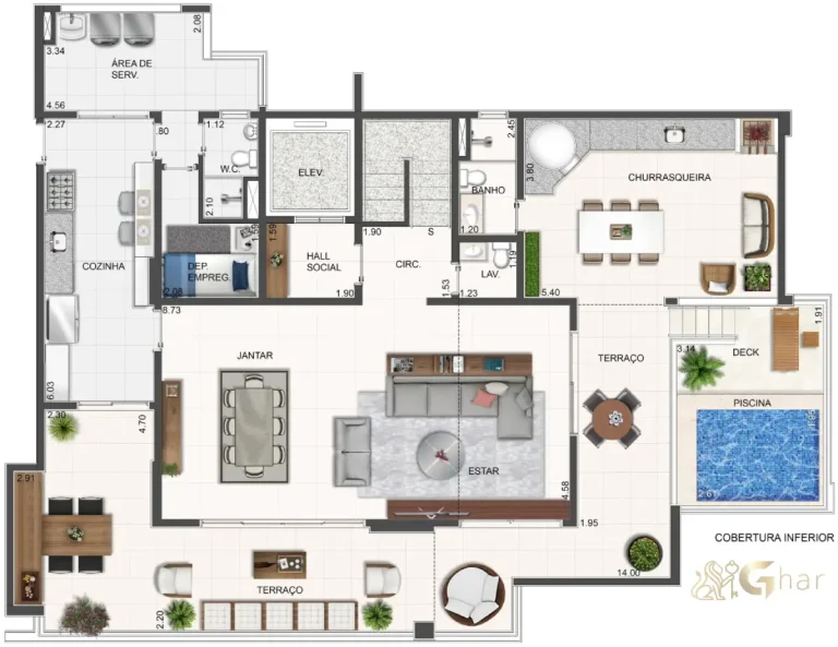 Planta da cobertura duplex Unique Santana no bairro Santana em São Paulo com 284 m² pavimento inferior