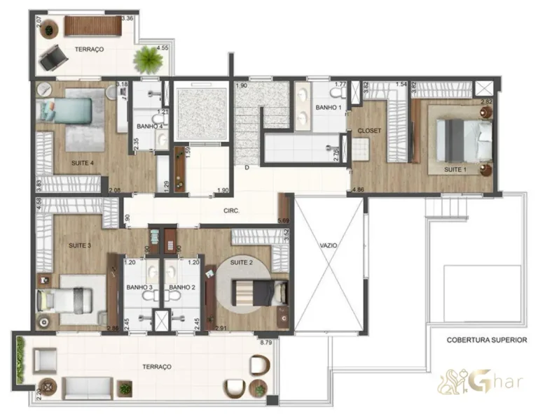 Planta de cobertura duplex em apartamentos de alto padrão em Santana São Paulo com 284 m² pavimento superior