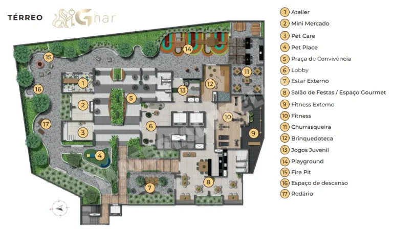 Planta de implantação do térreo do condomínio Altos Home Club Santana no bairro Santana em São Paulo