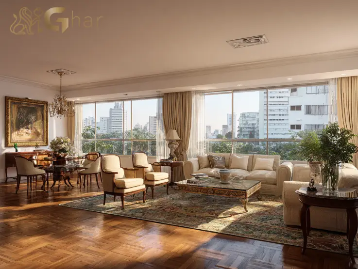 Sala ampla de apartamento na Zona Norte de São Paulo com iluminação natural e espaço para convivência