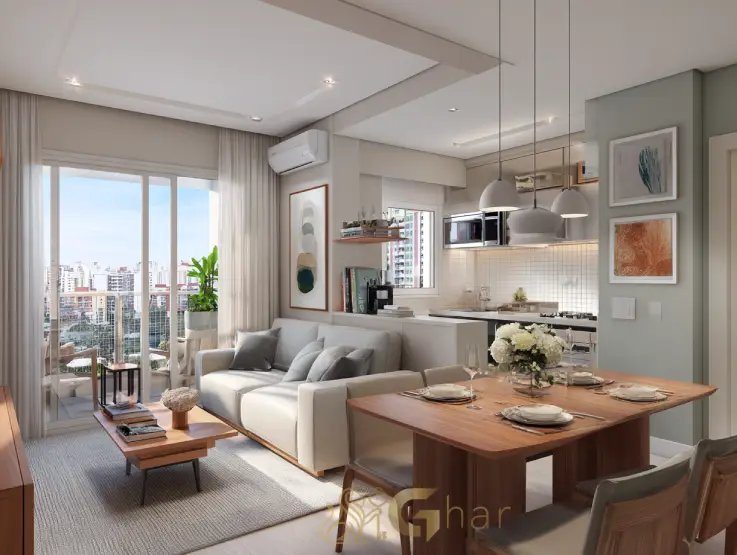 Sala do apartamento decorado em condomínio no bairro São Miguel Paulista Zona Leste de São Paulo