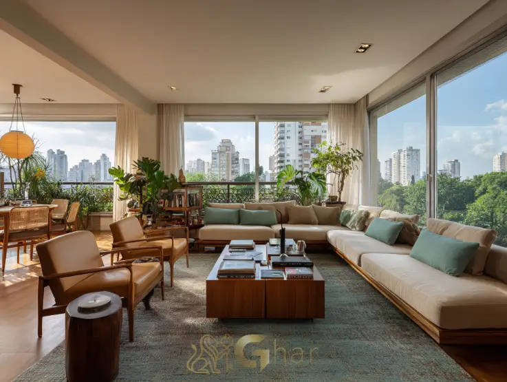 Sala de estar moderna em apartamento na Zona Norte de SP