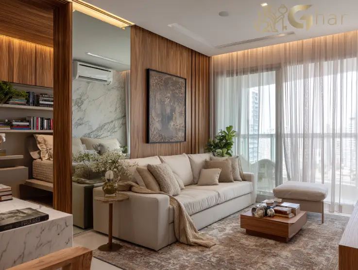 Sala de apartamento pequeno em Santana com decoração moderna e layout funcional