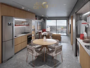 Sala integrada com cozinha em condomínio residencial no bairro Jardim São Paulo Zona Norte de São Paulo