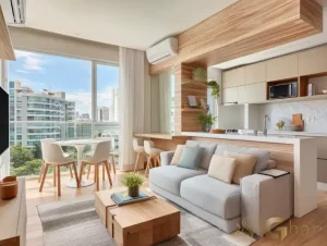 Sala e cozinha de apartamento decorado em condomínio no bairro Santana São Paulo