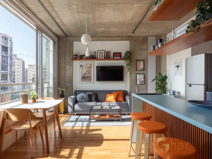 Sala e cozinha integradas em apartamento na Zona Norte de São Paulo