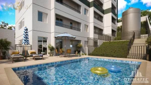 Planta de implantação do empreendimento One Curupaiti em Santana, São Paulo, desenvolvido pela Labat com organização das áreas comuns e circulação do condomínio de apartamentos.
