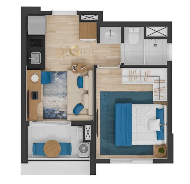 Planta de apartamento 27m² com 1 dormitório no condomínio Dux Jardim São Paulo