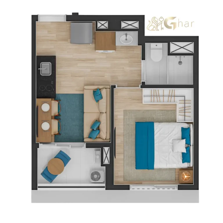Planta de apartamento 28m² com 1 dormitório no condomínio Dux Jardim São Paulo