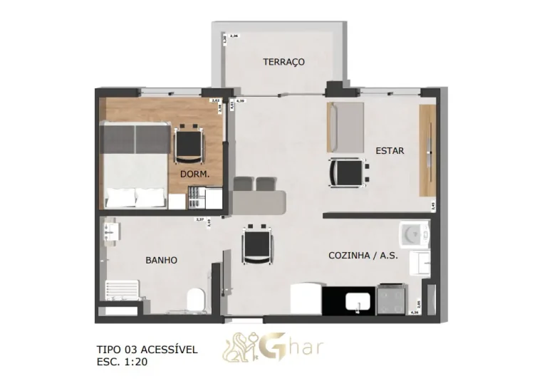 Planta acessível de apartamento 1 dormitório em condomínio na Parada Inglesa São Paulo