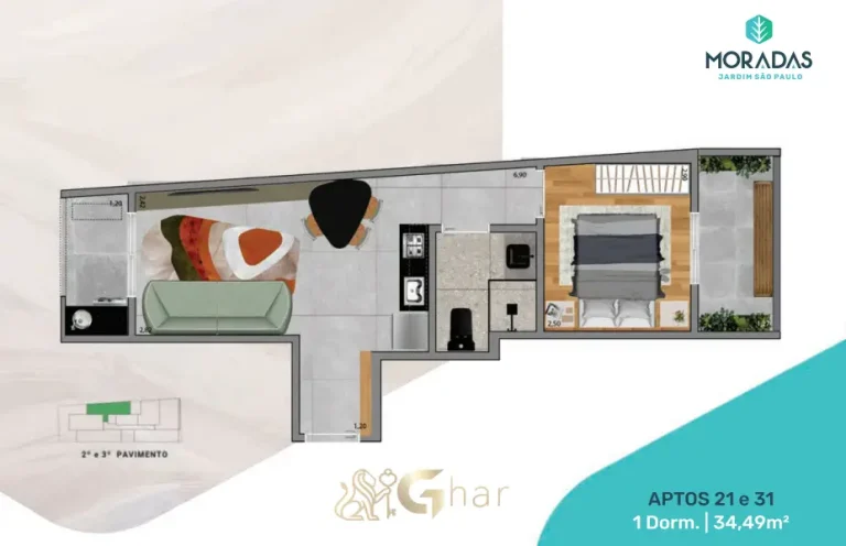 Planta 1 dormitório do Moradas Jardim São Paulo com 34m² no bairro Jardim São Paulo
