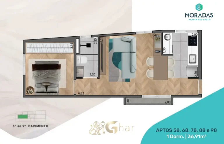 Planta de apartamento 1 dormitório no Jardim São Paulo São Paulo com 36m²