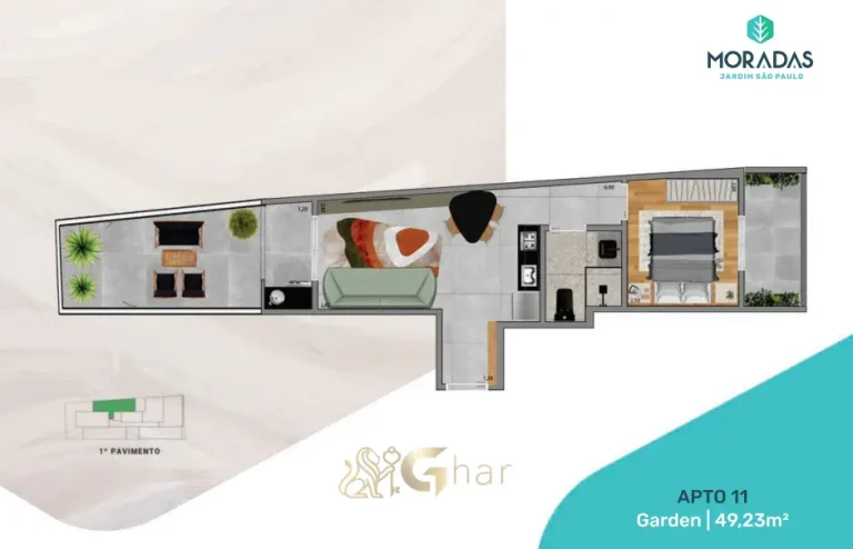 Planta de apartamento 1 dormitório do Moradas Jardim São Paulo com 49m²