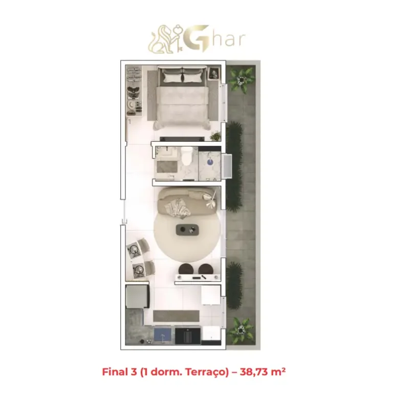 Planta do apartamento de 1 dormitório do Place Station Parada Inglesa na Parada Inglesa em São Paulo