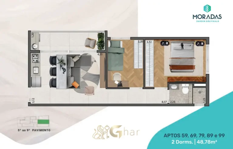 Apartamento 2 dormitórios do Moradas Jardim São Paulo com planta de 48m²