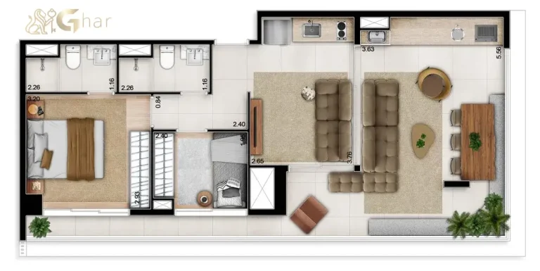 Planta do apartamento 2 dormitórios do The Bridge Braz Leme em Santana São Paulo