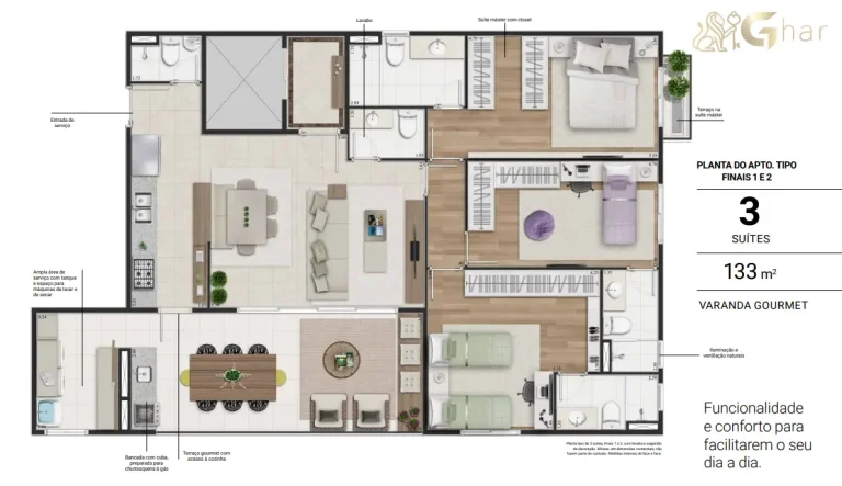 Planta de apartamento com 3 suítes e 133m² em imóveis no Jardim São Paulo São Paulo