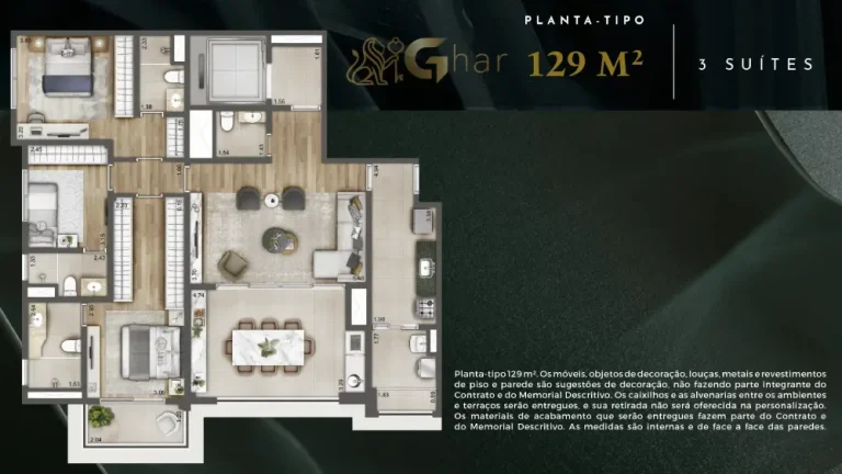 Planta de apartamento com 3 suítes no Verdant Parque Resort no bairro Tucuruvi em São Paulo