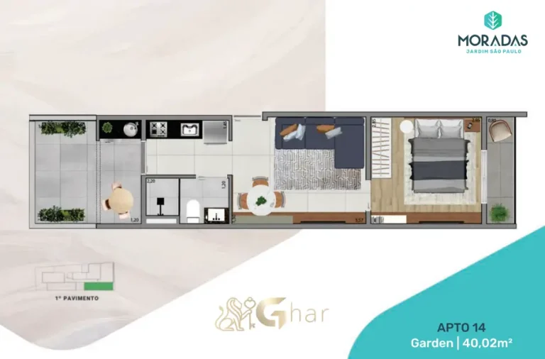 Planta garden do Moradas Jardim São Paulo com 40m² e área externa no Jardim São Paulo