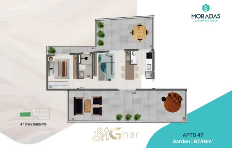 Planta garden do Moradas Jardim São Paulo com área ampliada de 87m² e quintal