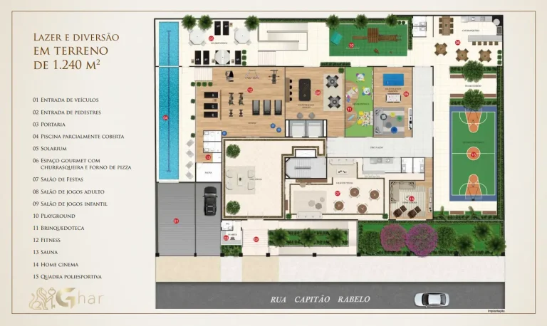 Planta de implantação do lazer do condomínio Piazza San Mattia no bairro Jardim São Paulo em São Paulo