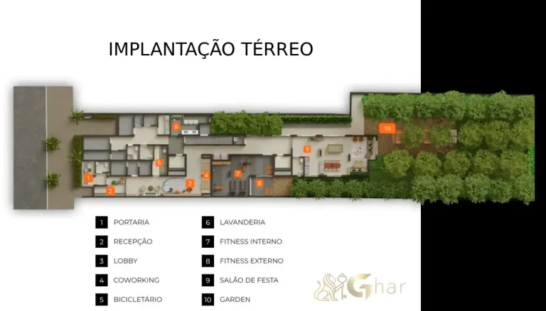 Implantação do térreo em condomínio residencial no Paraíso Zona Norte de São Paulo