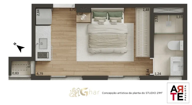 Planta de studio em condomínio residencial no Paraíso Zona Norte de São Paulo