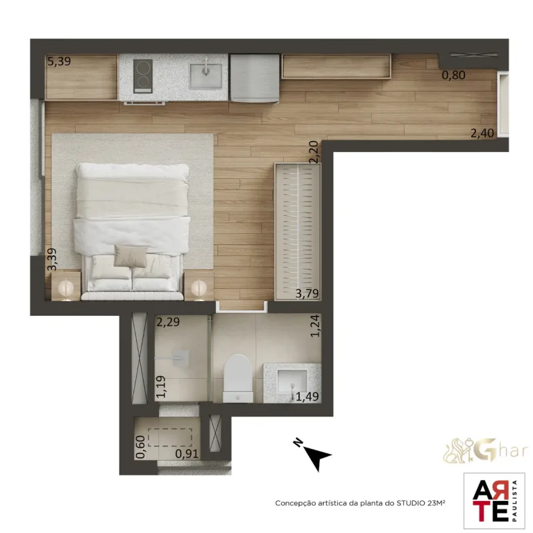 Planta de studio 23m² do Arte Paulista no bairro Paraíso em São Paulo