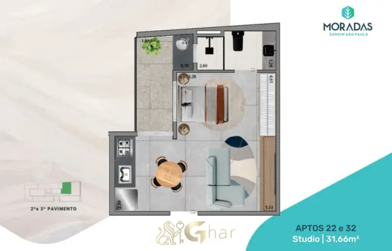 Planta de studio em apartamentos no Jardim São Paulo São Paulo com 31m²