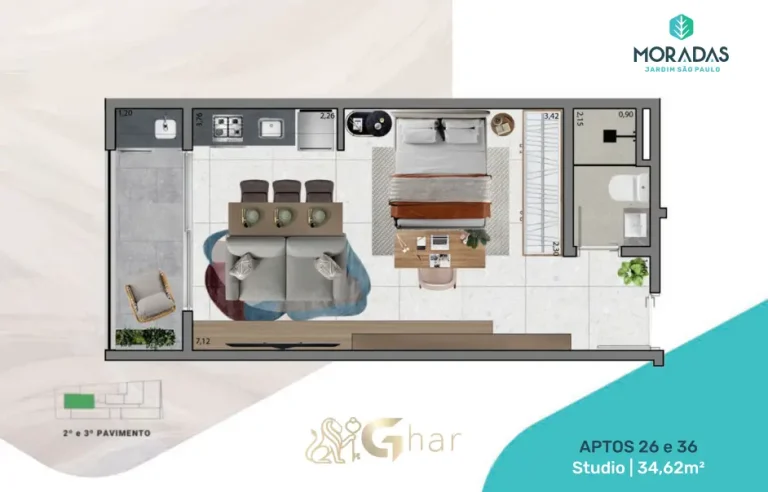 Studio em condomínio residencial no Jardim São Paulo Zona Norte com planta de 34m²