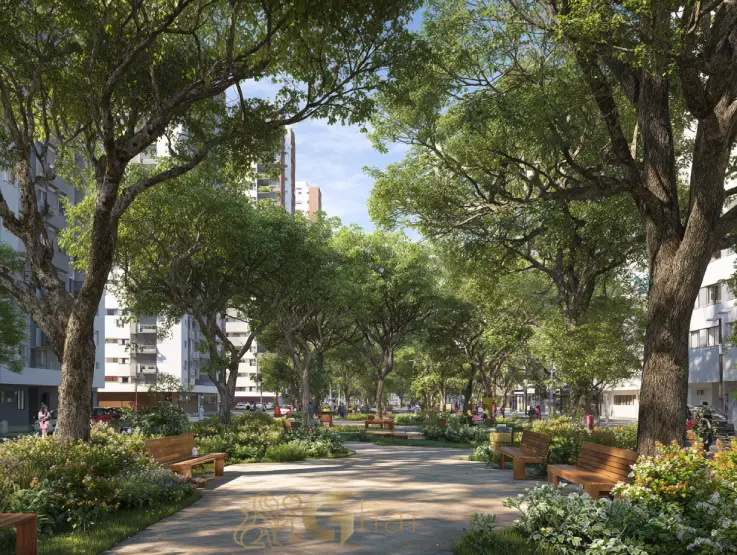 Praça na Zona Norte de São Paulo com bancos e área verde