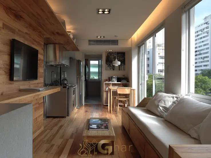 Sala de imóvel na Zona Norte de São Paulo com ambiente compacto e funcional