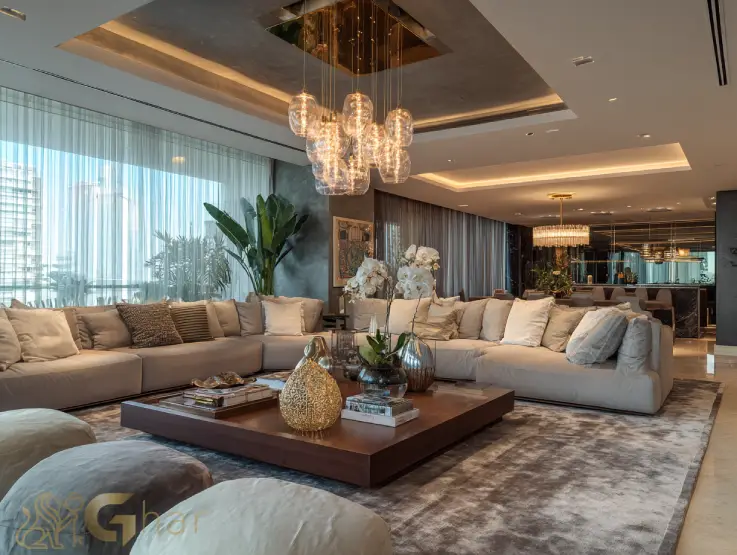 Sala de condomínio em imóvel na Zona Norte de São Paulo com decoração elegante e arquitetura contemporânea