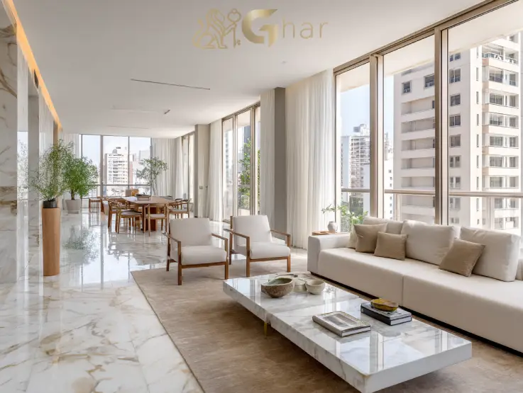 Sala de apartamento de luxo no Tucuruvi com decoração moderna e ambientes amplos