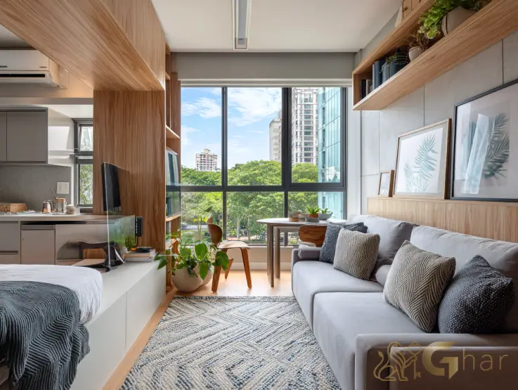 Sala de apartamento compacto na Zona Norte de São Paulo com ambiente integrado e moderno