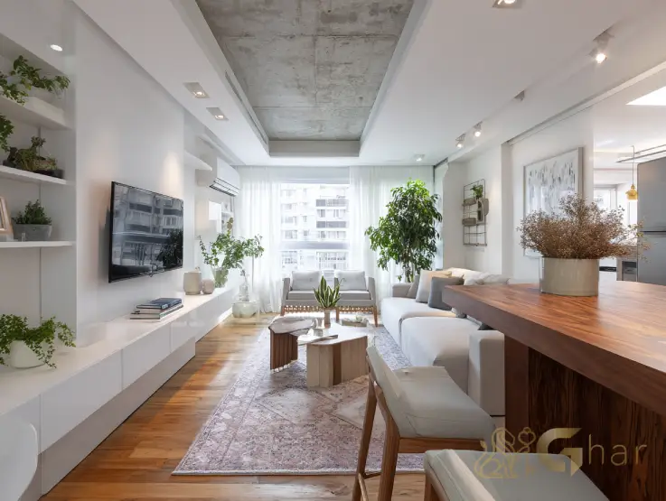 Sala decorada de imóvel decorado na Zona Norte de São Paulo acabamento contemporâneo