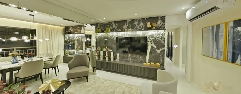 Sala de TV do apartamento decorado do Verdant Parque Resort no Tucuruvi São Paulo