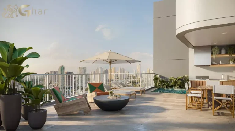 Área externa da cobertura duplex decorada de 446m² em condomínio no Paraíso São Paulo
