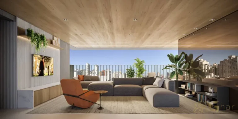 Living de apartamento decorado de 198m² em condomínio residencial no Ibirapuera Zona Sul de São Paulo
