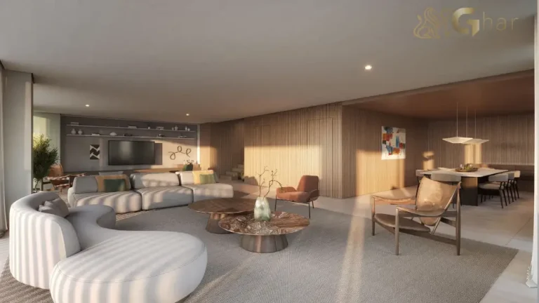Living da cobertura duplex decorada do condomínio Porto Paraíso no Paraíso São Paulo
