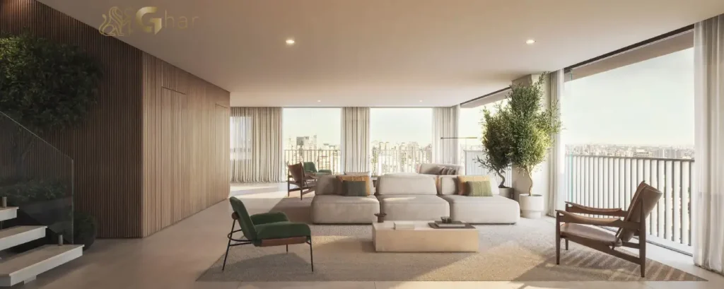 Living de cobertura duplex em apartamento decorado de alto padrão no Paraíso São Paulo