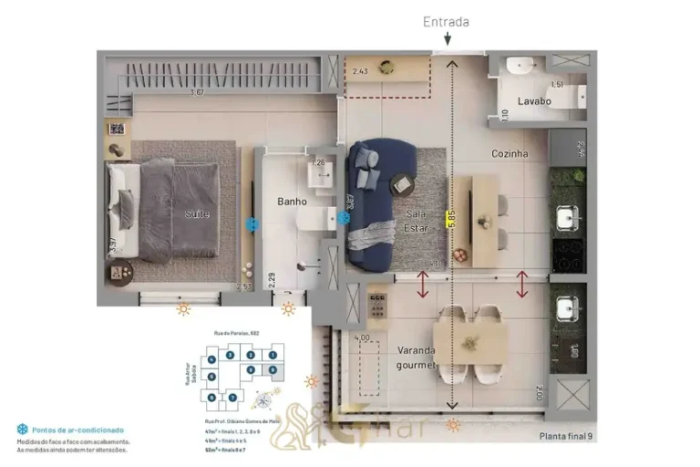 Planta de apartamento 1 suíte do Vitra Paraíso Patriani no bairro Paraíso