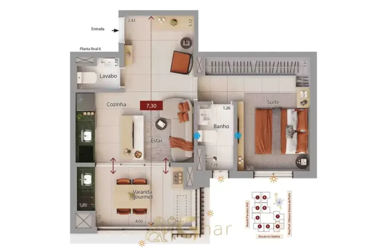 Planta de apartamentos modernos no Paraíso São Paulo com 52 m²